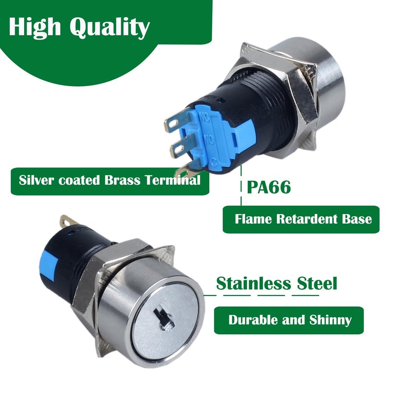 DMWD 16mm ON Off Metal Key Lock Switch 3Pin 1NO 1NC Lock Maintained Latching Key Switch - Image 3